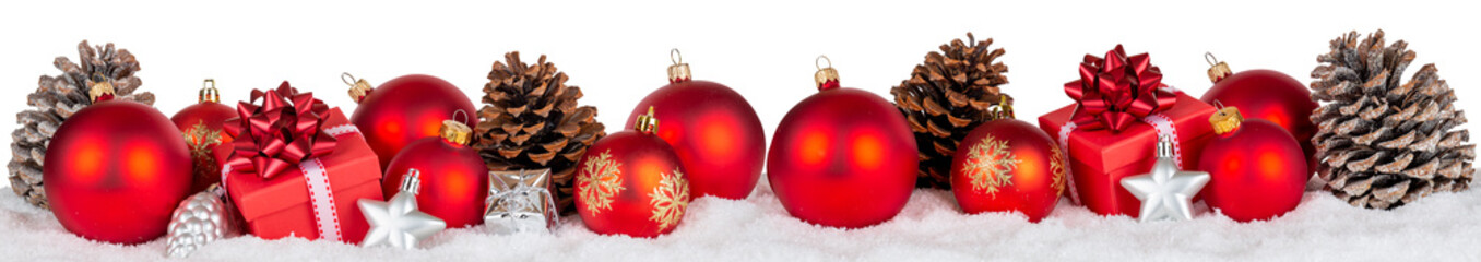 Christmas decoration with balls baubles gift present ornaments banner isolated on white