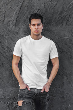 Men white t-shirt mockup with model black wall background