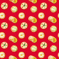 惣菜パンのパターン　手描き水彩イラストの食べ物柄テキスタイル