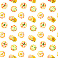 惣菜パンのパターン　手描き水彩イラストの食べ物柄テキスタイル