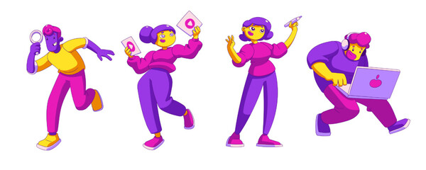 Creative analytics team characters set isolated on white background. People doing research with magnifier, drawing with marker, preparing presentation, using laptop. Contemporary vector illustration