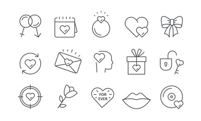 Love line icon set. Romance relationship, wedding, marriage, Saint Valentine day. Vector illustration