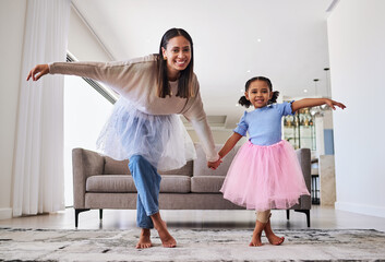 Ballet, mother and girl child in a home living room with happy quality time and mama love. Dance,...