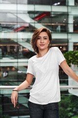 Women white t-shirt mockup with model nice background