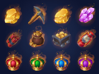 Game mining props icons dynamite, golden crowns, coins, money bag, pickaxe and crystal, trolley with gold ingots, dynamite and lantern gui design elements. Game assets, mine items Cartoon vector set