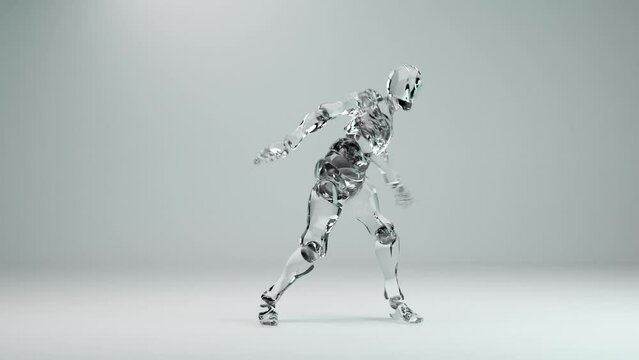 looping animation of glass robot dancing, House dance, robotic figure having fun, mascot looping, harmonious minimal modern movement design, cyborg monster, Studio, isolate, Realistic 3d render