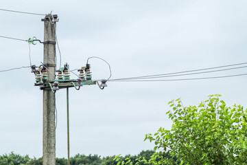 Electric power pole with wire close-up. Wire line in electrical resistance of power supply for...