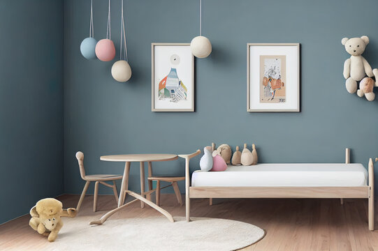 Stylish and beige scandinavian interior of kid room with mock up poster frame, design furnitures, natural toys, hanging colorful flags, plush animal and child accessories and teddy bears. Home decor.