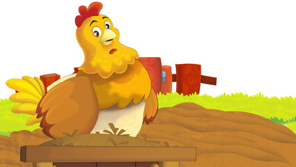 cartoon farm scene with chicken bird illustration