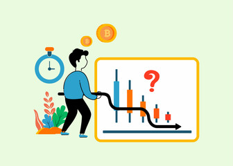 illustration vector of recession dollar, bitcoin, bussiness colaps, holdings table investment, hyper inflation, global crisis.
