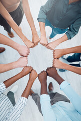 Business people teamwork, fist bump and collaboration, cooperation and trust, goals and support. Above workers hands, diversity team building circle and commitment, vision and job mission of about us - obrazy, fototapety, plakaty