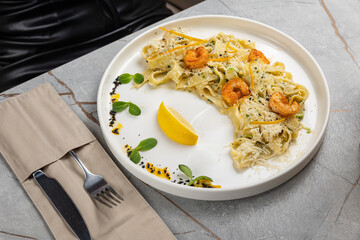 pasta with seafood in a restaurant
