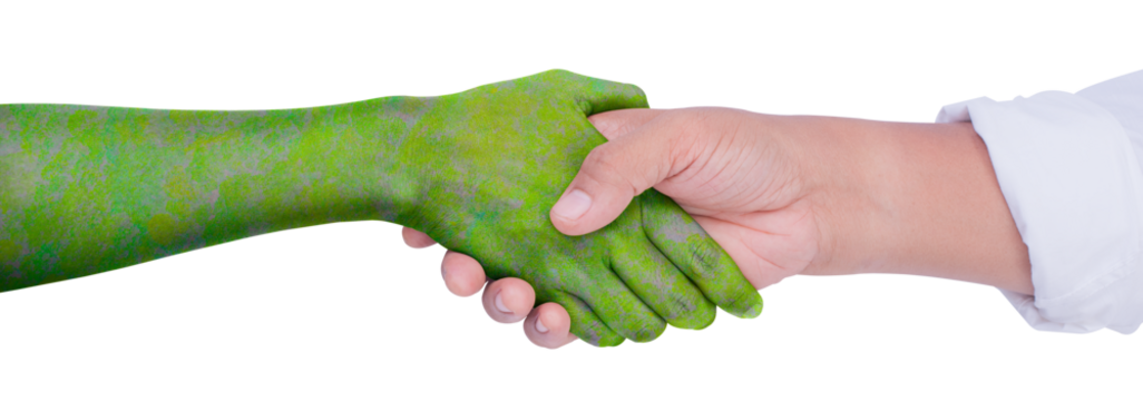 Environment earth day, Hand shake between human hands and nature, Loving the environment, Forest conservation concept, Ecology and Nature concept.