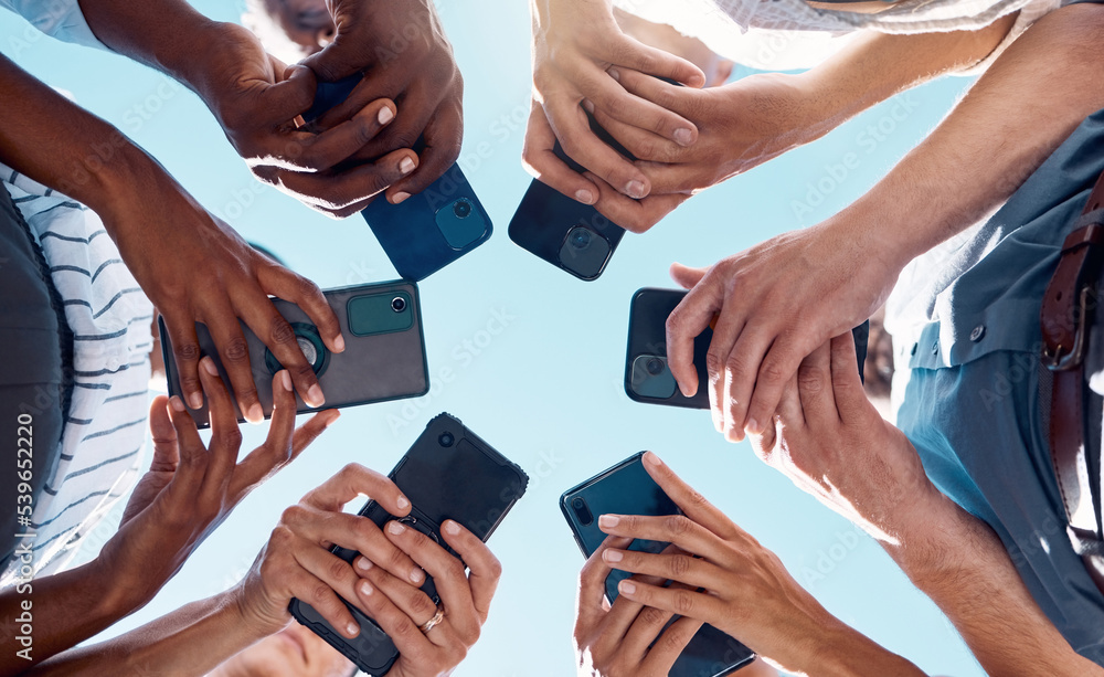Leinwandbilder circle people, phone hands and social media mobile apps, wifi and digital iot connection on blue sky