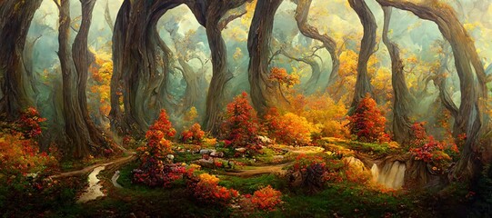 Abstract fantasy woods, ancient oak trees bent and twisted by fiery magical energy, cloudy ethereal swirls and dreamy fantasia world filled with wonder and mythical mystery.