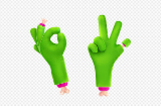 3D zombie hand showing ok and victory gestures. Vector illustration set of green monster fingers with creepy bones isolated on transparent background. Comic Halloween character design elements png