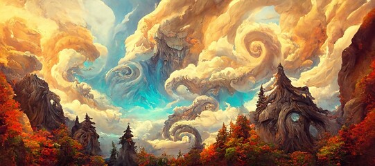 Abstract fantasy woods, ancient oak trees bent and twisted by fiery magical energy, cloudy ethereal swirls and dreamy fantasia world filled with wonder and mythical mystery.