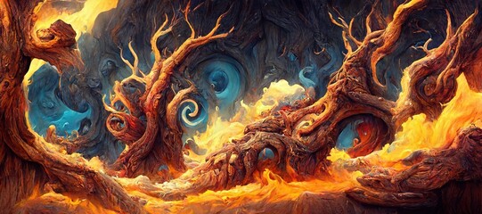 Abstract fantasy woods, ancient oak trees bent and twisted by fiery magical energy, cloudy ethereal swirls and dreamy fantasia world filled with wonder and mythical mystery.