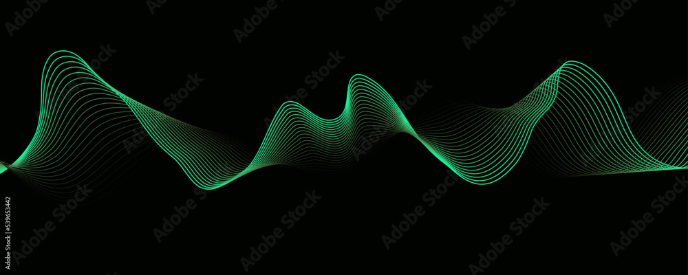Poster abstract green smooth wave on a dark background. dynamic sound wave. design element. vector illustra