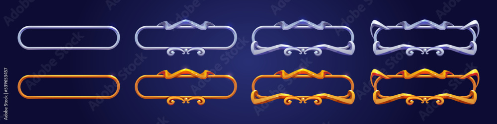 Poster game frames, silver and gold ui borders evolution from simple to luxury plaque with elegant curvy ri