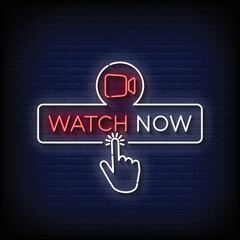 Neon Sign watch now with brick wall background vector
