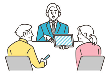 Fototapeta na wymiar Male businessperson smiling and explaining to a young couple about a consultation on a tablet [Vector illustration].