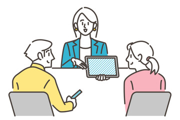 Fototapeta na wymiar Female businessperson smiling and explaining to a young couple about a consultation on a tablet [Vector illustration].