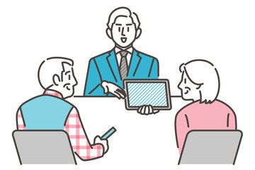 Fototapeta na wymiar Male businessperson smiling and explaining to a senior couple about a consultation on a tablet [Vector illustration].