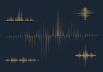 Gold Sounds waves set on dark background. Golden lines equalizer. Musical waveform. Vector