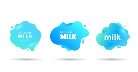 Milk labels and dairy blue blob. Liquid splash shapes for dairy product packaging. Vector