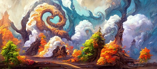 Fototapeta na wymiar Abstract fantasy woods, ancient oak trees bent and twisted by fiery magical energy, cloudy ethereal swirls and dreamy fantasia world filled with wonder and mythical mystery.