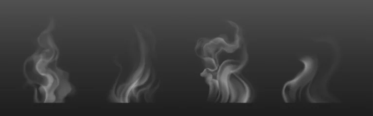 Foto op Canvas Thee rook, koffiekopje, voedsel stoom of damp wolken, realistische witte sigaret of waterpijp stoom trail, warme schotel of mok haze geïsoleerde ontwerpelementen op zwarte achtergrond, 3D-vector illustratie, set © klyaksun