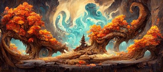 Obraz premium Abstract fantasy woods, ancient oak trees bent and twisted by fiery magical energy, cloudy ethereal swirls and dreamy fantasia world filled with wonder and mythical mystery.