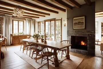 Fototapeta premium cozy warm home interior of a chic country house with an open plan, wood finishes, warm colors and a family hearth. view of the dining area, table and table setting