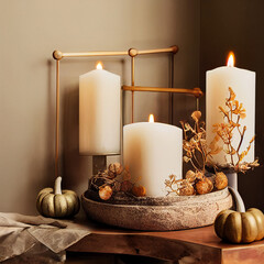 candles with pumpkins on a wooden background
