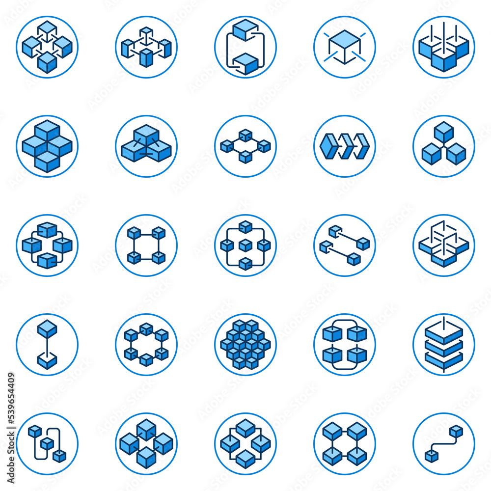 Poster blockchain blue round icons set - vector blocks with links in circles signs