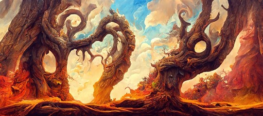 Naklejka premium Abstract fantasy woods, ancient oak trees bent and twisted by fiery magical energy, cloudy ethereal swirls and dreamy fantasia world filled with wonder and mythical mystery.
