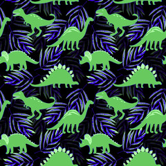 Seamless children's pattern with dinosaurs. Green silhouettes of animals, blue palm leaves on a black background. © brusnika9