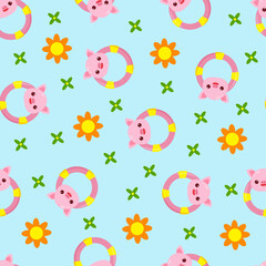 Seamless pattern with animals on a blue background. A pattern with a baby rattle in the form of a pig. Kawaii animals