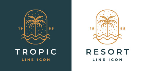 Tropical beach resort line icon. Palm tree logo. Seaside paradise emblem. Summer vacation symbol. Exotic beach hotel sign. Vector illustration. - obrazy, fototapety, plakaty