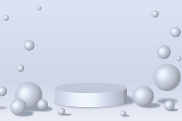 Realistic 3D white, light blue cylindrical pedestal in an abstract room with bouncing spherical balls. Minimal scene for product mockup for showcase, advertising display. Vector geometric shapes desig