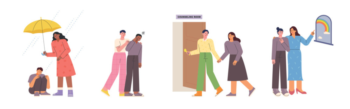 Those in sorrow and depression need a helping hand. People of achromatic colors are being helped by people in bright clothes in many ways. flat vector illustration.
