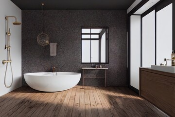 Fototapeta na wymiar Interior of a black bathroom with a wooden floor with a shower, washbasin, a large mirror on a golden mosaic wall, a towel, a heated towel rail, a bathroom with a partition, a toilet bowl. 3d render
