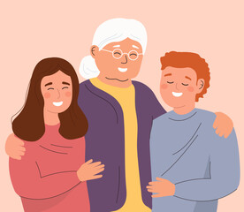 Grandma and her grandchildren are happy. The old lady hugs the children. The concept of family, generations, communication. Vector graphics.