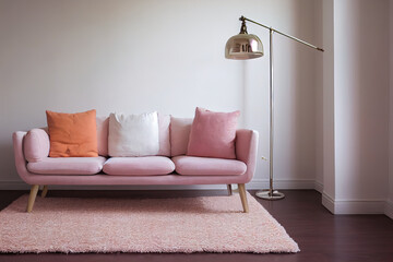 Peach lamp above beige couch and pink rug against plastic tubes in simple living room interior with copy space on white wall