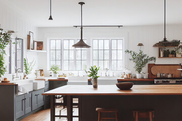 bright, spacious and modern farmhouse style kitchen - obrazy, fototapety, plakaty