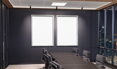 Two vertical frames Mockup hanging in office meeting room. Mock up of billboards in modern company interior 3D rendering