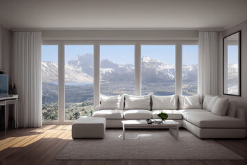 Modern white gray living room interior design with big windows and beautiful sea and mountain views. 3d rendering.