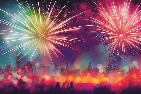 Abstract background new year, cheering crowd and fireworks and celebrating holiday, copy space, 3d illustration.