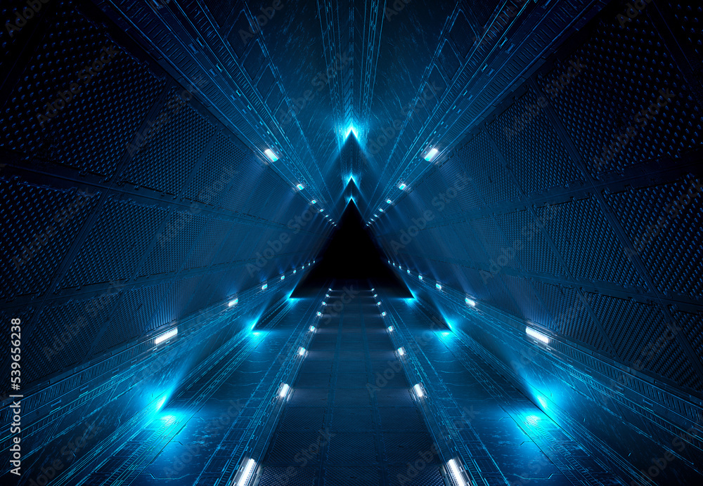 Wall mural futuristic interior corridor with blue neon lights walls. triangle shaped spaceship background in sp